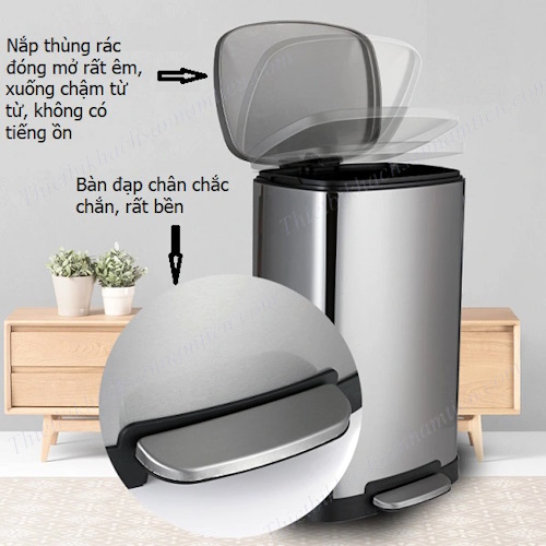 Thùng Rác Inox Đạp Chân 50L - Thùng Rác Inox Phủ Nano Cao Cấp