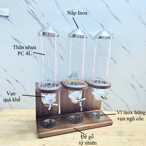 Bình Đựng Ngũ Cốc 3 Ngăn Chân Gỗ 12L Tiệc Buffet NT0314018