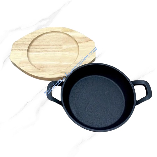 Chảo Gang Tròn 2 Quai Kèm Đế Gỗ Size 16CM