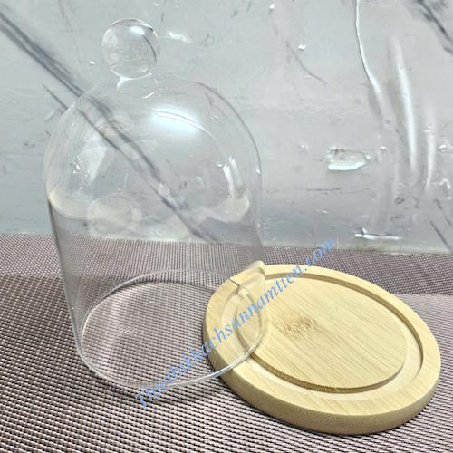 Nắp Chụp Thủy Tinh Đế Gỗ 12*16cm Trưng Bày Bánh