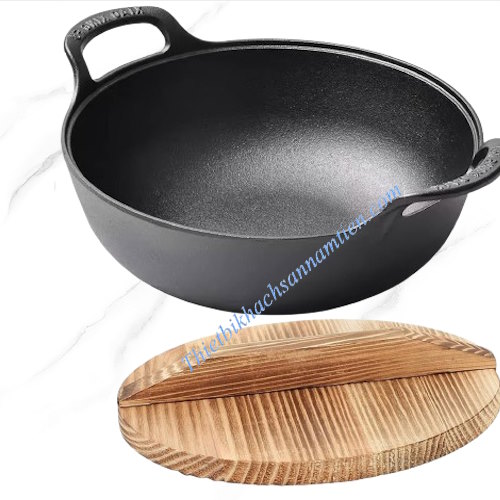 Nồi Gang 2 Quai Nắp Gỗ Lớn Size 27CM