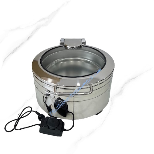 Nồi Hâm Buffet Điện Tròn Inox 304 Nắp Kính Bản Lề Trục Thủy Lực
