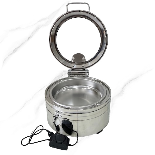Nồi Hâm Buffet Điện Tròn Inox 304 Nắp Kính Bản Lề Trục Thủy Lực