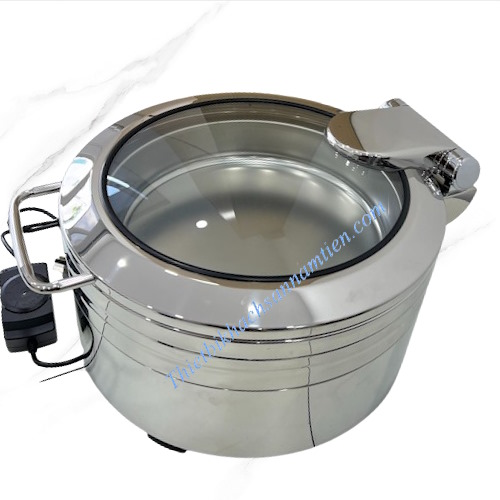 Nồi Hâm Buffet Điện Tròn Inox 304 Nắp Kính Bản Lề Trục Thủy Lực