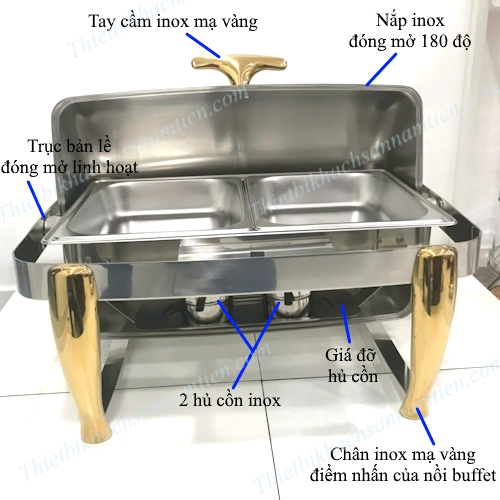 Nồi Hâm Buffet Vàng Chữ Nhật 2 Ngăn Nắp Mở 180 Độ