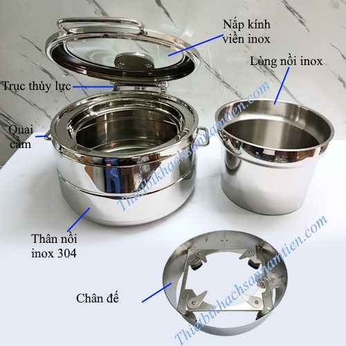 Nồi Hâm Soup Inox 304 Nắp Kính Trục Thủy Lực Dùng Điện