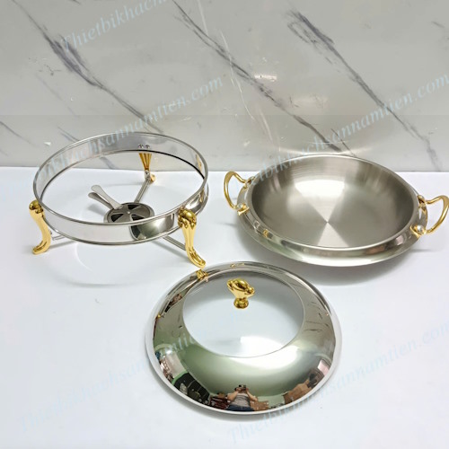 Nồi Hấp Hâm Thức Ăn Inox Tròn Chân Vàng, Nồi Hấp Cầy, Nồi Lẩu Cồn