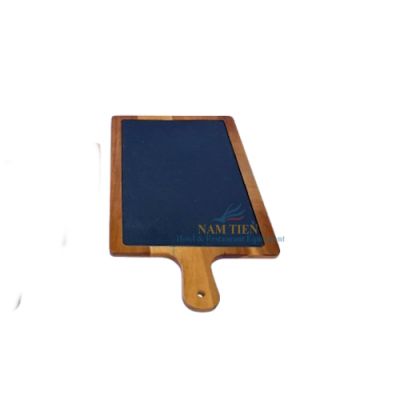 Đĩa Đá Đen Khay Gỗ Chữ Nhật Trưng Bày Thức Ăn Có Tay Cầm 45*24Cm