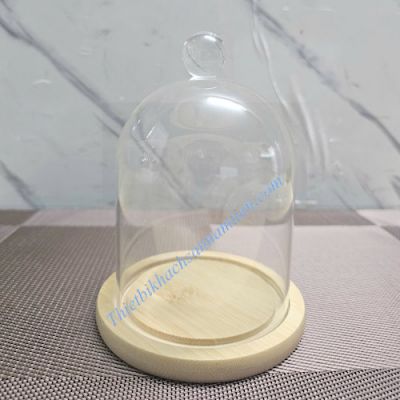 Nắp Chụp Thủy Tinh Đế Gỗ 12*16cm Trưng Bày Bánh
