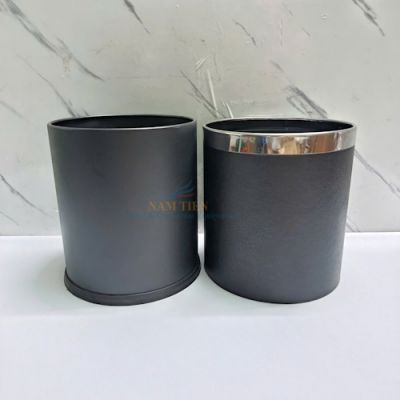Thùng Rác 2 Lớp Bọc Da Đen Để Phòng Khách Sạn, Văn Phòng Dạng Tròn
