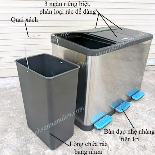 Thùng Rác Inox Đạp Chân 3 Ngăn 15L