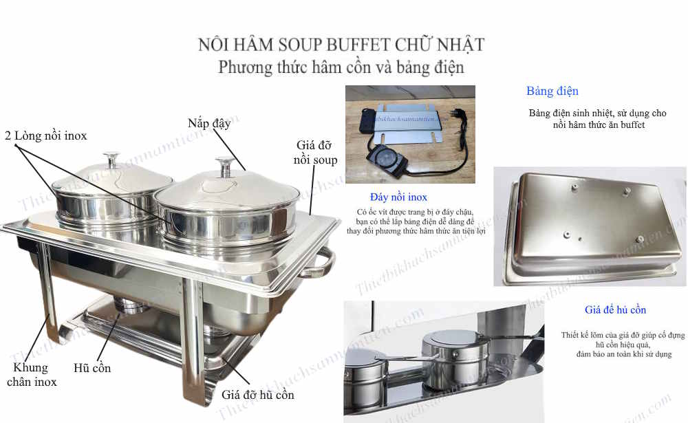 Các bộ phận của nồi hâm soup buffet chữ nhật dùng cồn và điện